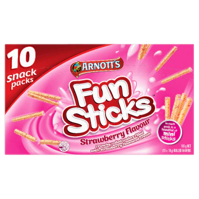 Arnott's Funsticks Strawberry Rolled Wafer Snack Pack 180g