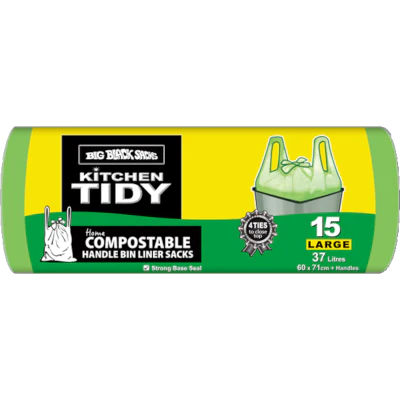 Big Black Sacks Compostable Tie-Tops Kitchen Tidy Liners Large 60 x 71cm 37 Litres 15pk