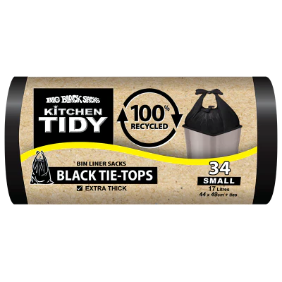 Big Black Sacks Kitchen Tidy Black Tie-Tops 100% Recycled Bin Liner Sacks Small 44 x 49cm 34pk