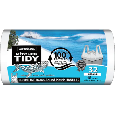 Big Black Sacks Kitchen Tidy Liner 100% Recycled Ocean Bound Plastic Tie Top Small 48 x 49cm 18 Litre 32pk