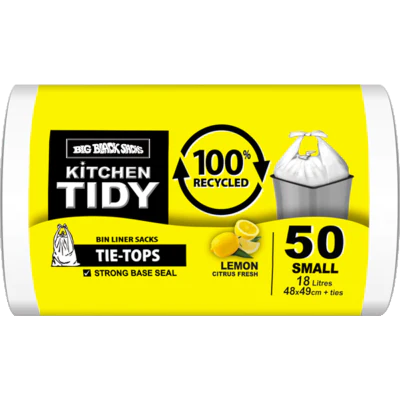 Big Black Sacks Kitchen Tidy Liners Tie Tops Lemon Citrus Fresh Small 48 x 49cm 18 Litres 50pk
