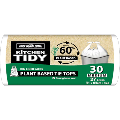 Big Black Sacks Kitchen Tidy Plant Based Tie-Tops Bin Liner Sacks Medium 51 x 65cm 27 Litres 30pk