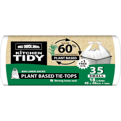 Big Black Sacks Kitchen Tidy Plant Based Tie-Tops Bin Liner Sacks Small 48 x 49cm 18 Litres 35pk