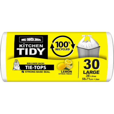 Big Black Sacks Tie-Tops Lemon Citrus Fresh Kitchen Tidy Liners Large 58 x 71cm 36 Litre 30pk