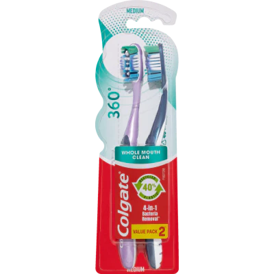 Colgate 360 Whole Mouth Clean Medium Toothbrush 2pk
