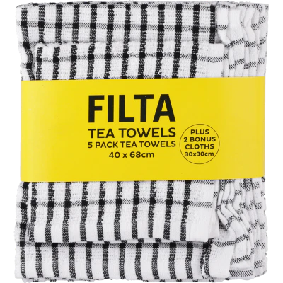 Filta Black Tea Towels Plus 2 Dish Cloths 1pk