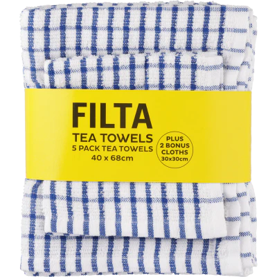 Filta Blue Tea Towels Plus 2 Dish Cloths 1pk