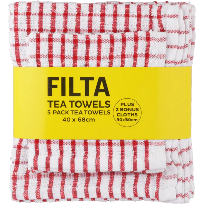 Filta Red Tea Towels Plus 2 Dish Cloths 1pk