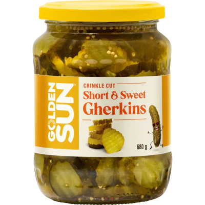 Golden Sun Crinkle Cut Short & Sweet Gherkins 680g