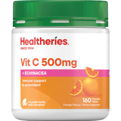 Healtheries Vit C 500mg + Echinacea Orange Flavour Chewable Tablets 160pk