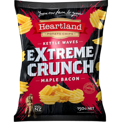 Heartland Extreme Crunch Maple Bacon Kettle Waves Potato Chips 150g