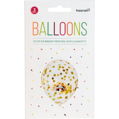 Hoorah Rainbow Printed With Confetti Balloon 3pk