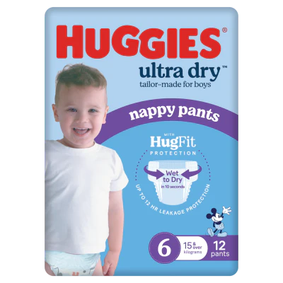 Huggies Ultra Dry Nappy Pants Junior Boy Size 6 15kg+ 12PK