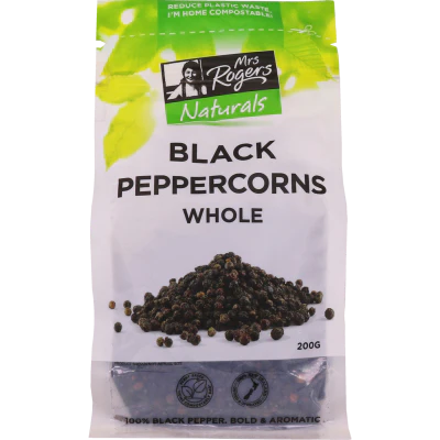 Mrs Rogers Naturals Whole Black Peppercorns 200g
