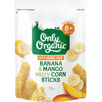 Only Organic Banana & Mango Melty Corn Sticks 8+ Months 15g