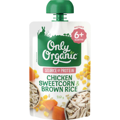 Only Organic Chicken Sweetcorn & Brown Rice 6+ Months 120g