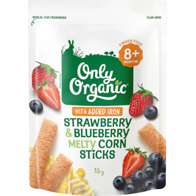 Only Organic Strawberry & Blueberry Melty Corn Sticks 8+ Months 15g