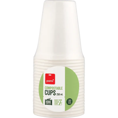 Pams Compostable Cups Sugarcane 20pk