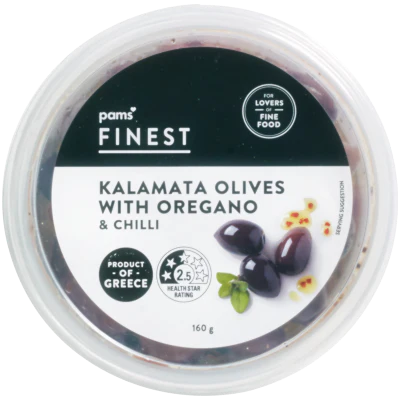 Pams Finest Kalamata Olives With Oregano & Chilli 160g