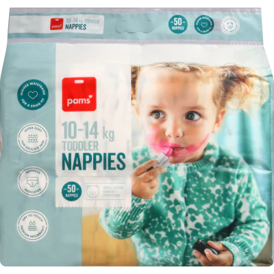 Pams Nappies 10-14kg Toddler 50pk