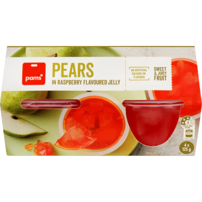 Pams Pears In Raspberry Jelly Fruit Cups 4 x 125g