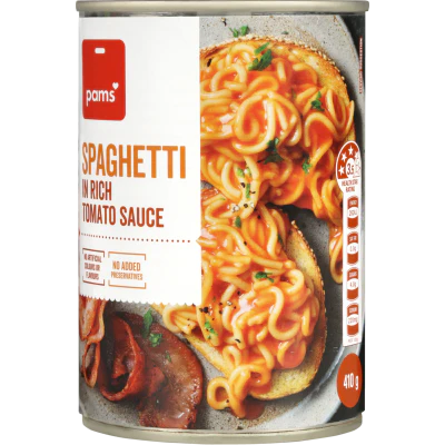 Pams Spaghetti In Rich Tomato Sauce 410g