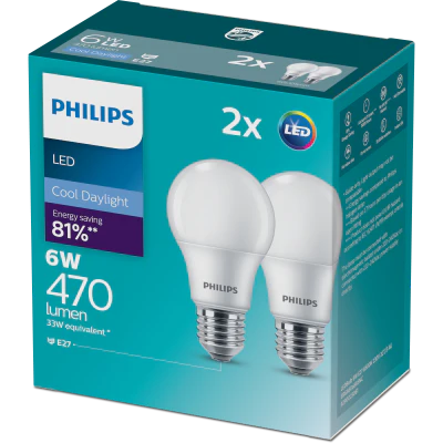 Philips LED Cool Daylight 6W 470 Lumen Screw Bulb 2pk