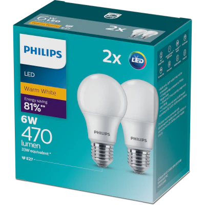 Philips LED Warm White 6W 470 Lumen Screw Bulb 2pk