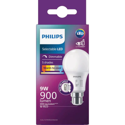 Philips Selectable LED Dimmable 5 Shades 9W 900 Lumen Bayonet Bulb 1pk