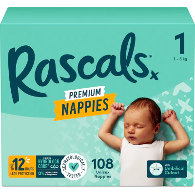 Rascals Premium Nappies Unisex 3-5kg Newborn 108pk