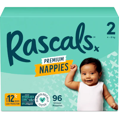 Rascals Premium Nappies Unisex Size 2 4-8kg Infant 96pk