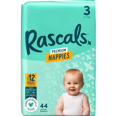 Rascals Premium Nappies Unisex Size 3 6-11kg Crawler 44pk