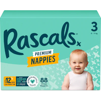 Rascals Premium Nappies Unisex Size 3 6-11kg Crawler 88pk