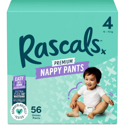 Rascals Premium Nappy Pants Unisex Size 4 10-15kg Toddler 56pk
