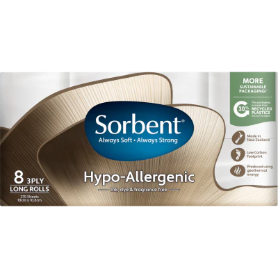 Sorbent Hypo-Allergenic 3 Ply Long Toilet Rolls 8 x 270 sheets