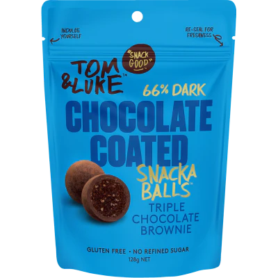 Tom & Luke Triple Chocolate Brownie Choc 66% Dark Chocolate Coated Snackaballs 128g