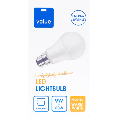 Value LED 9W  Frosted Warm White Bayonet Bulb ea