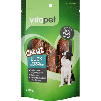 VitaPet Jumbo Duck Wrapped Stick Chewz Pet Treat 3pk