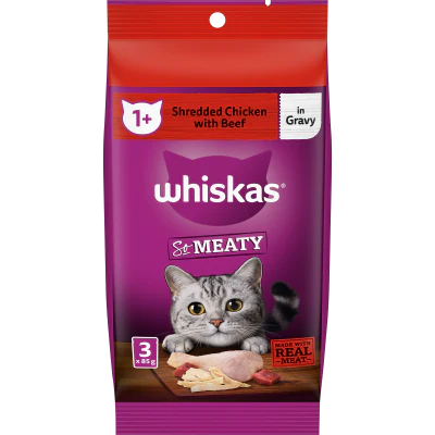 Whiskas So Meaty Shredded Chicken With Beef in Gravy Wet Pouches Cat Food 255g